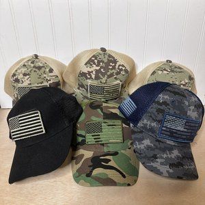 6 Military Caps Removable Flag Patches Adjustable Closures Tan Black Blue Green